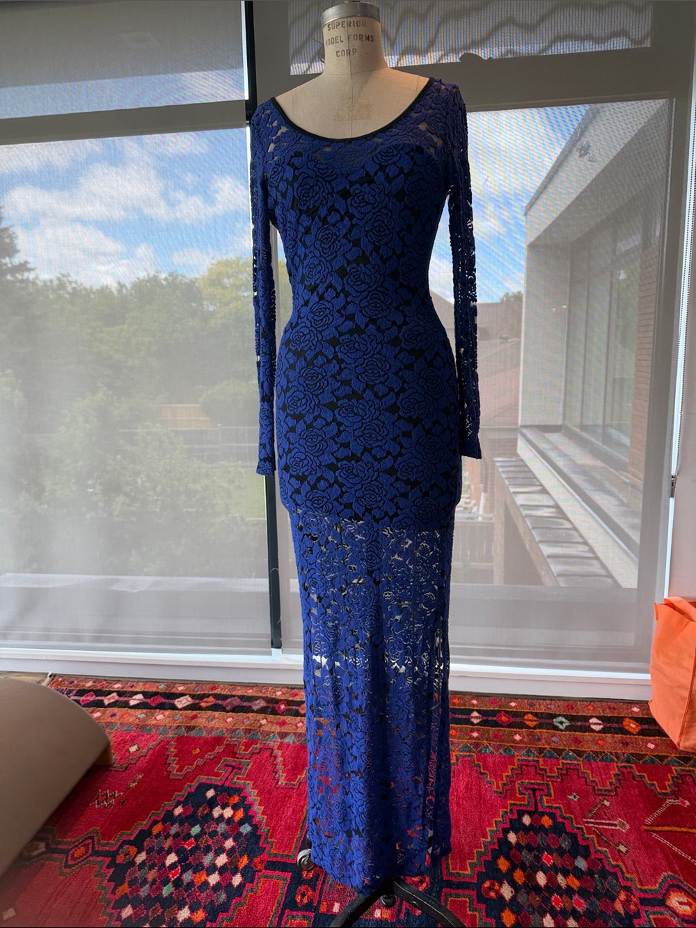 Women's Long-Sleeve Royal Blue Lace Maxi Dress